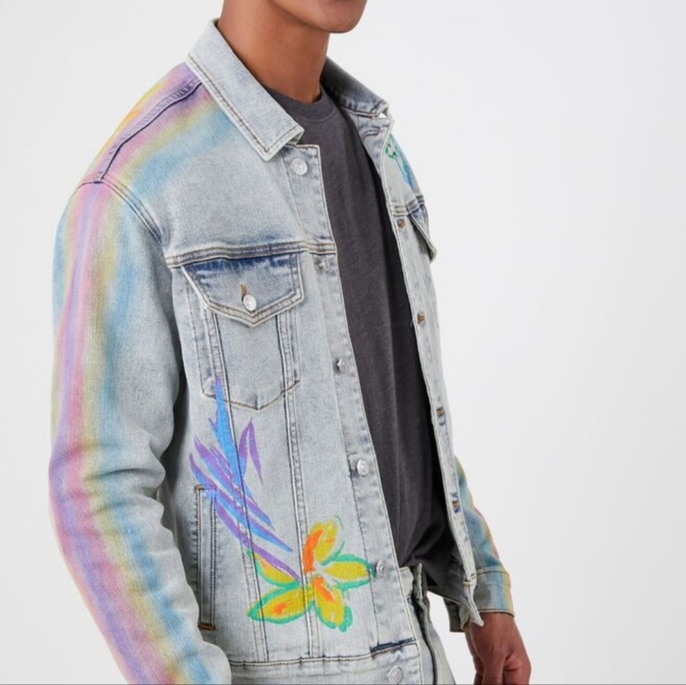 Forever 21 Men Rainbow Flower Denim Trucker Jacket